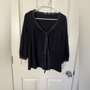 Jones New York Black Polka Dot Tie-Neck Blouse | 3/4 Sleeve Work Top